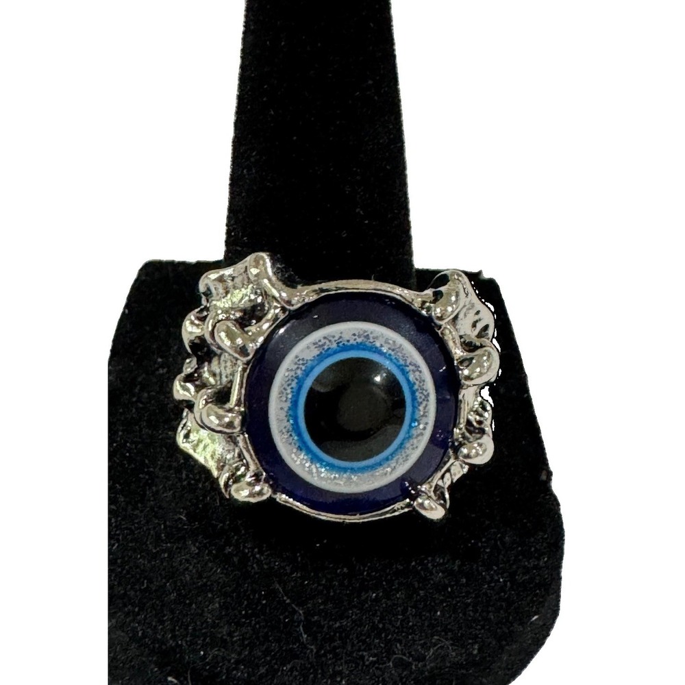 Silver Tone Blue Evil Eye Cocktail Ring Round Glass Stone Size 0135 Metal